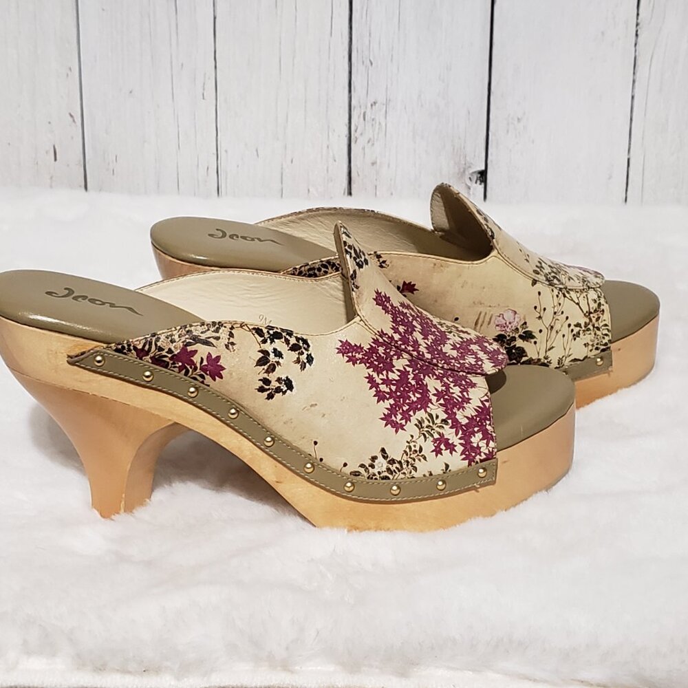 Jeon Art to Wear 9M Leather Heels Clogs Mules Italy Wood Floral Boho Indie Retro - Picture 6 of 11